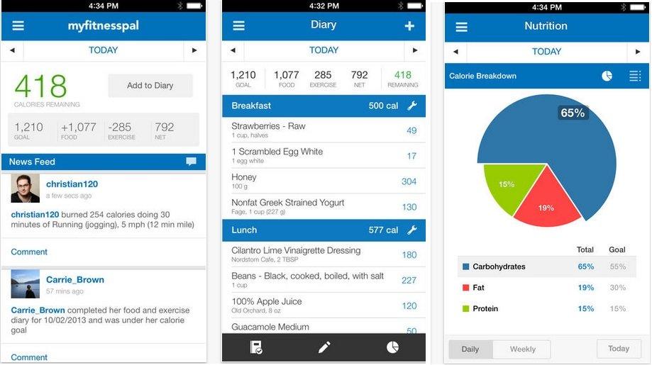 three screenshots of different parts of the myfitness pal app